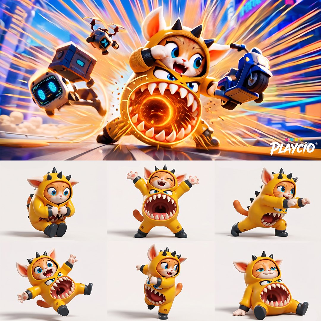 Playcio Motion and Emotion proof image showing one character identity expanded into expressive motion variations.